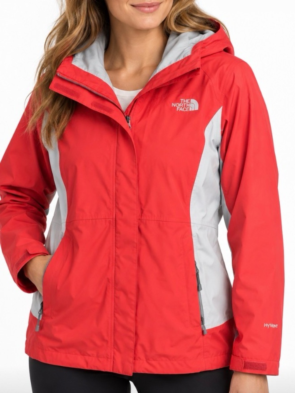 The North Face Women’s HyVent Waterproof Hooded Rain Jacket Red Gray Medium M